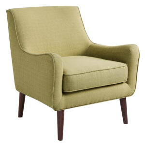 this chair is upholstered in a soft green fabric that adds a light contrast to the room decor. The frame is composed from select hardwoods and plywood and is elevated on smooth tapered wooden legs in espresso finish. Removable cushion