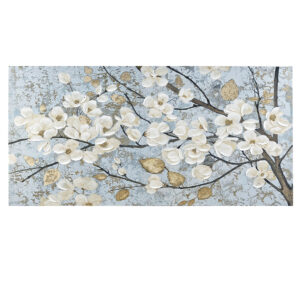 Add a quaint charm to your decor with the Madison Park Luminous Bloom Gold Foil and Hand Embellished Floral Canvas Wall Art by Artist Matina Theodosiou. This canvas features a beautiful white floral design on a soft blue and grey base