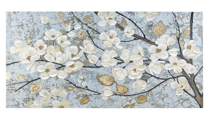 Add a quaint charm to your decor with the Madison Park Luminous Bloom Gold Foil and Hand Embellished Floral Canvas Wall Art by Artist Matina Theodosiou. This canvas features a beautiful white floral design on a soft blue and grey base