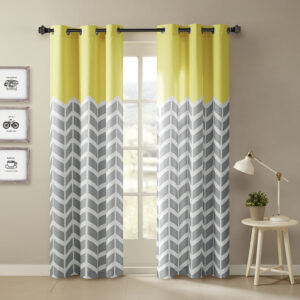 Our Intelligent Design Alex Chevron Printed Room Darkening Panel Pair adds bright color and fun style to your room. These window panels feature a contrast color chevron print with solid top border