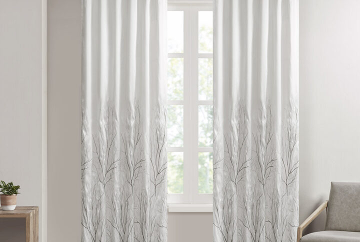 The Madison Park Andora Window Panel Combines Style And Nature In The Best Way. A Striking Tree Branch Design Is Embroidered On Beautiful Faux Silk