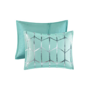 metallic silver print against a vibrant aqua ground for a fun and eye-catching look! Matching sham(s) echo the design seen on top of the bed to pull the entire ensemble together. Two embroidered decorative pillows with typography and metallic details complete this fabulous