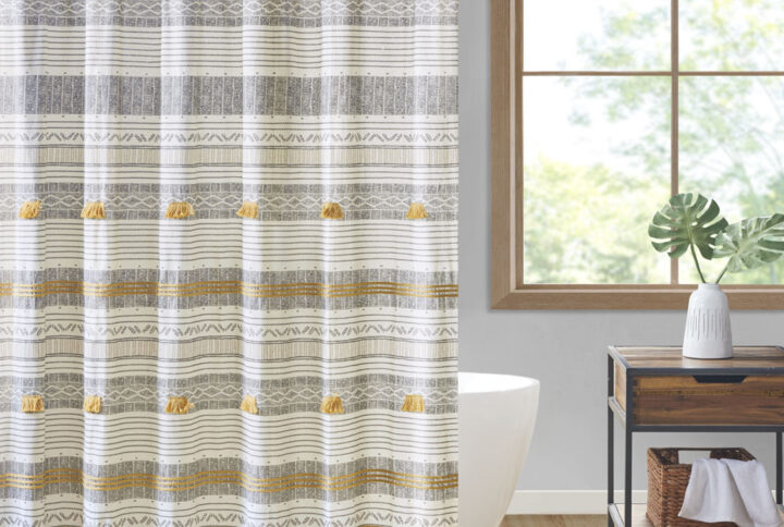 Bring style and texture to your bathroom decor with the INK+IVY Cody Cotton Stripe Printed Shower Curtain. This 100% cotton shower curtain features a beautiful multi print stripe pattern for a casual