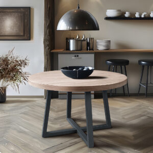 The Chapen Hill Reagan wheat wood veneer top and slate color legs offer a contemporary modern look to your eating area. This chick round table is 39" making it the perfect size for smaller spaces