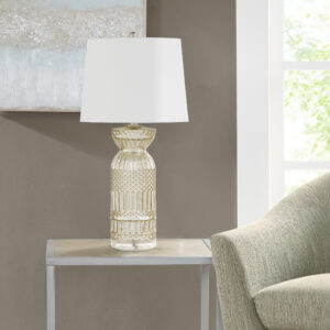 Elevate your decor with this Luxuria table lamp from 510 Design. Featuring an antique silver textured glass body on a clear acrylic base