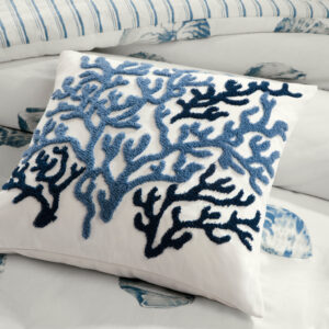 casual decorative pillow from the Beach House bedding collection from Harbor House. This square decorative pillow features an embroidered coral design in shades of blue onto a white