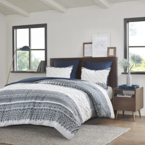 Transform your bedroom with the charming shabby chic allure of the INK+IVY Mila 3 Piece Cotton Comforter Set with Chenille Tufting. The cotton comforter flaunts an updated navy botanic print