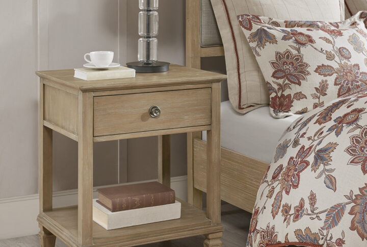 Complete your bedroom décor with the traditional appeal of Madison Park Signature’s Victoria Nightstand. This classic nightstand features a pull-out drawer and a lower shelf that provides plenty of storage space for your essential items. A light natural finish with wire brush detailing creates a worn and rustic that adds a charming touch. With fine detailing and sturdy wood legs