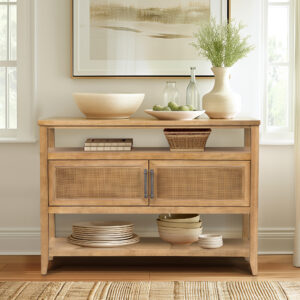 blending elegance and functionality. With natural cane doors and ample storage