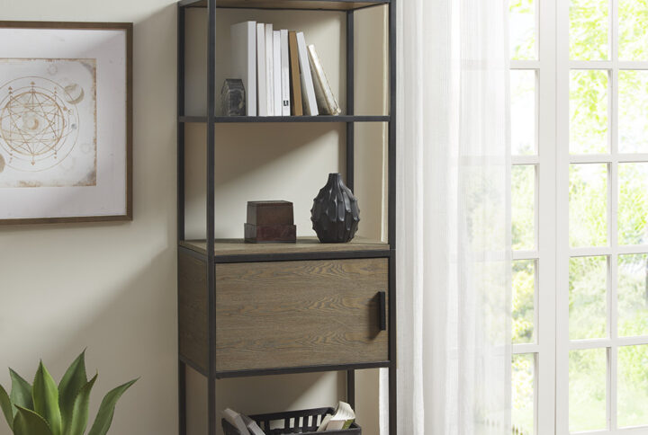 Display your books or curios in your living room or home office with the Madison Park Darley Bookcase. Able to easily fit into smaller spaces