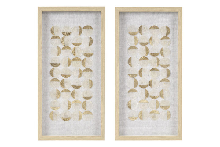 The Madison Park Aurelian Emblem Natural Capiz with Gold Foil 2-piece Shadowbox Wall Decor Set elevates your decor with a touch of modern coastal elegance. This shadowbox art set features 100% real Capiz shells