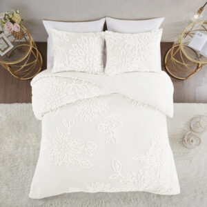 Complete your bedroom decor with the Madison Park Veronica 3 Piece Tufted Chenille Floral Duvet Cover Set. The shabby chic duvet cover features off white cotton tufted chenille floral pattern on a off white ground that creates a soft and cozy style. The 2 matching shams mirror the design of the duvet cover to complete the farmhouse aesthetic. Machine washable for easy care