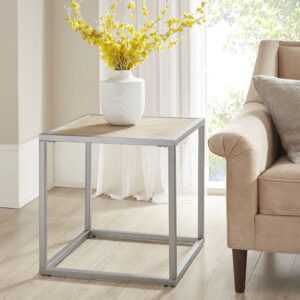 Complete your living space with the simple and clean allure of the Madison Park Willow End Table. This square table features a solid veneer top with a natural wood finish to give it a warm and welcoming look. The antique brushed silver metal base complements the table top to complete the transitional design. Elevate your home decor by incorporating this end table into your living room.  Assembly is required and tools are included.