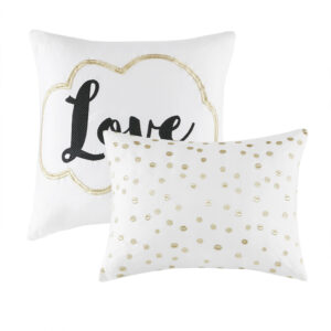 metallic gold print against a soft ivory ground for a fun and eye-catching look! Matching sham(s) echo the design seen on top of the bed to pull the entire ensemble together. Two embroidered decorative pillows with typography and metallic details complete this fabulous