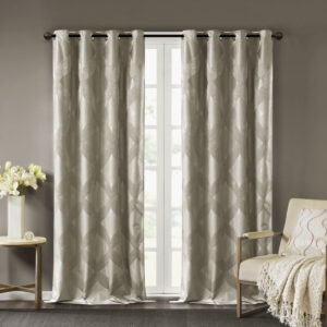 our SunSmart Bentley Ogee Knitted Jacquard Total Blackout Panel is the perfect update to dress any window. An ogee knitted jacquard design is featured in a rich taupe hue