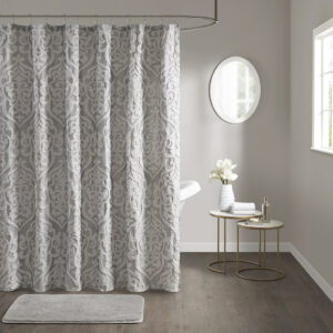 Add a touch of class to your bathroom with our Madison Park Odette Jacquard Shower Curtain. This luxurious textured shower curtain flaunts a gorgeous silver damask medallion design on a stria grey jacquard ground that adds rich texture and dimension to the lavish look. Measuring 72x72"