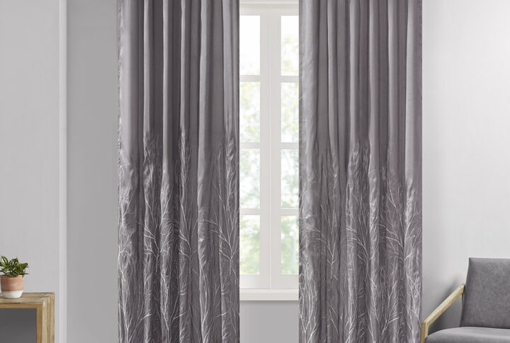 The Madison Park Andora Window Panel Combines Style And Nature In The Best Way. A Striking Tree Branch Design Is Embroidered On Beautiful Faux Silk