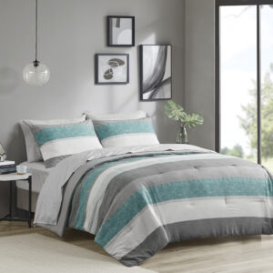 Revamp your bedroom style with the Madison Park Essentials Jaxon bed in a bag. This modern comforter set features a stripe pattern in alternating grey