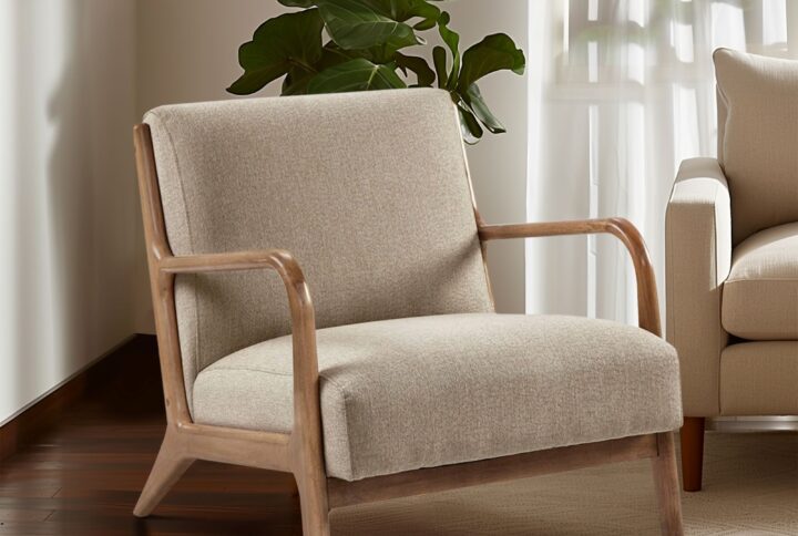 Transform your space with the INK+IVY Novak Mid-Century Modern Armchair. Crafted with a solid wood frame in a natural finish