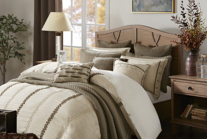 Transform your bedroom into a calming retreat with the Madison Park Signature's Chateau 8 Piece Comforter Set. Accented with Soutache cord embroidery in beige and brown