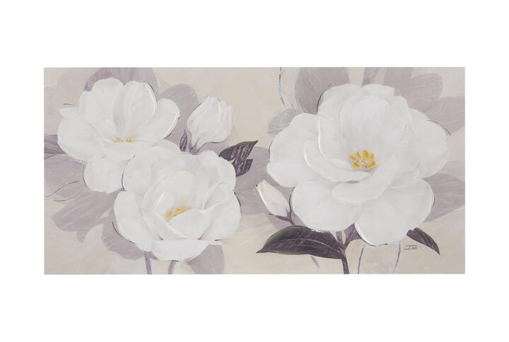 Add an elegant touch to your space with the Madison Park Midday Bloom Florals Embellished Canvas Wall Art by Artist Ivo Stoyanov. Soft white florals sit on a grey and neutral tone ground