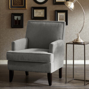 The Madison Park Colton Track Arm Club Chair brings a simple and sharp update to your home decor. This accent club chair features a sleek design with track arms and a nailhead trim along the back and sides