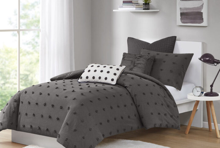 The Urban Habitat Brooklyn Cotton Jacquard Comforter Set features small tufted chenille dots that create a fresh shabby chic look. This comforter set brings a soft and charming update to your bedroom