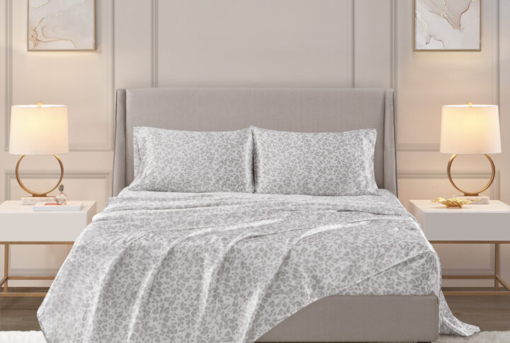 Treat yourself and your bedroom with the elegance of these luxury bed sheets. These wrinkle free satin sheets are silky smooth to the touch and feature a glamorous leopard animal print that elevates the style and comfort of your bed. Gentle on your skin and hair