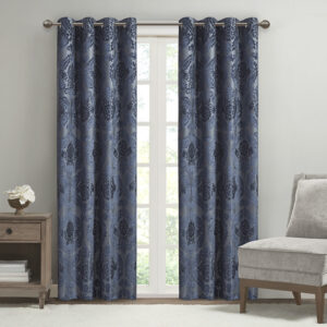 Our SunSmart Amelia Knitted Jacquard Paisley Total Blackout Grommet Top Curtain Panel adds the perfect touch of traditional elegance to your home. This total blackout navy curtain features an intricate paisley design on a heavy textured jacquard fabric