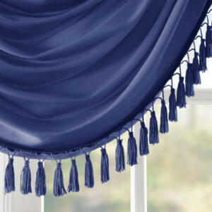 with our Elena Waterfall window valance. This classy navy valance showcases rich center draping details and a beautiful tassel trim