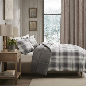 this comforter set features a grey plaid pattern printed on softspun for comfort and fashion while a solid grey reverse completes this ensemble. 6D fiberfill and a knife edge give the finishing touches to this comforter and shams. Machine washable for easy care