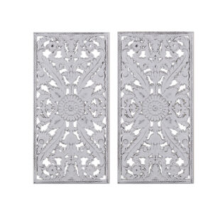 Complete your home decor with our Madison Park Botanical Panel Distressed Carved Wood 2-piece Wall Decor Set. This wall decor set features exquisite carved global botanical designs in a durable MDF material creating beautiful texture and dimension