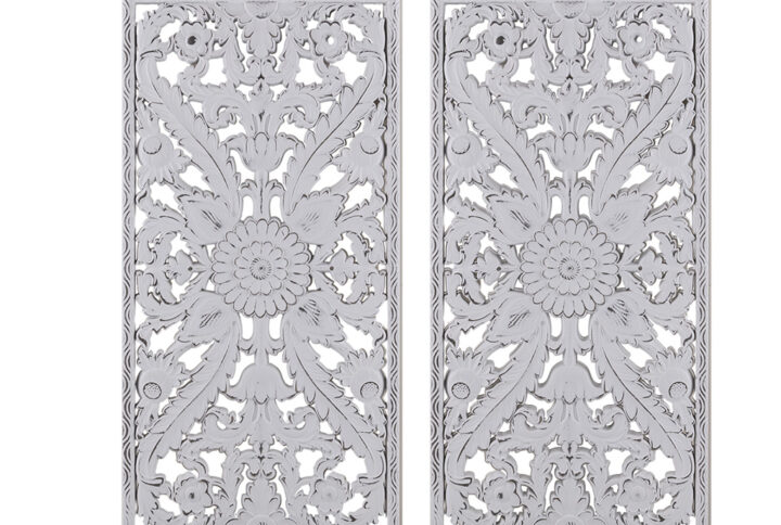 Complete your home decor with our Madison Park Botanical Panel Distressed Carved Wood 2-piece Wall Decor Set. This wall decor set features exquisite carved global botanical designs in a durable MDF material creating beautiful texture and dimension