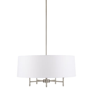 featuring a white tapered fabric shade. Its classic round shape and silver brushed metal frame bring a glamorous