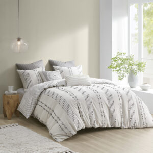 The INK+IVY Kara Cotton Jacquard Duvet Cover Mini Set offers an eye-catching update to your bedroom decor. This duvet cover features a 100% cotton jacquard striped design on the face with a Light Grey diamond print on the Ivory reverse. Two matching shams coordinate with the duvet cover to complete a globally-inspired design. Machine washable for easy care