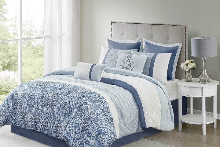 Update your bedroom with the refined elegance of 510 Design’s Shawnee 8 Piece Comforter Set. Showcasing a pieced design with diamond quilting details