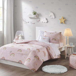 The Mi Zone Kids Alicia comforter features an adorable rainbow and gold metallic star print for a cute and playful look. The comforter and shams (1 in Twin) bring a whimsical charm to your kid's bedroom and a complete sheet set with a fun unicorn print coordinates beautifully with the comforter set