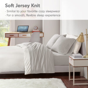 this knit sheet set is easier to get into bed during cold weather or absorbent for summer. Choose from a variety of colors for comfort and style in your bedroom. Set includes 1 flat sheet