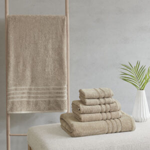 Complete your bathroom decor with our Clean Spaces Nurture Sustainable Antimicrobial 6PC Towel Set. This eco-friendly solid natural towel set is made from regenerated cotton and recycled polyester fibers safeguarding our resources for a better carbon footprint