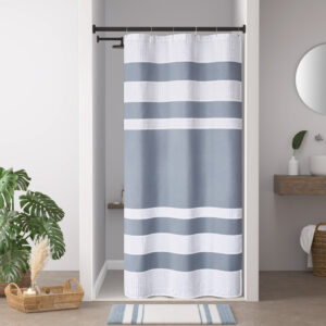 Update your space with the Madison Park Spa Waffle Shower Curtain with 3M Treatment. Featuring a fresh and updated stripe design