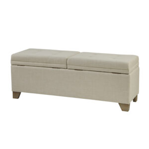 this storage bench features a button-tufted top split in half and an ample space for your blankets. The solid wood legs complement the upholstery with a natural finish. Simple and versatile