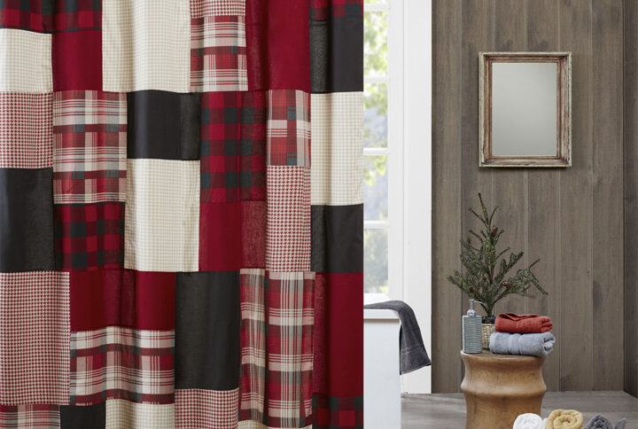 Create a striking look in your space with the Woolrich Sunset Collection. This 144 thread count cotton shower curtain features several different plaids and solids pieced together for the perfect balance in this lodge look.