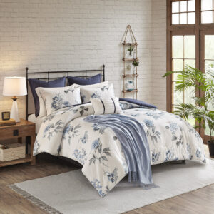 The Madison Park Zennia 7 Piece Printed Seersucker Comforter Set with Throw Blanket offers a charming farmhouse update for your bedroom. The textured seersucker comforter features an all-over floral print in soft blue and green hues on the white base