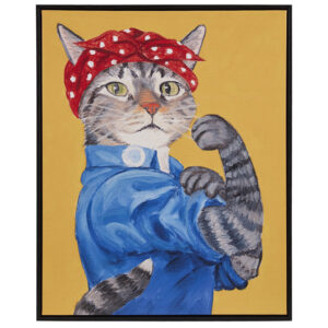 Bring a playful twist to your living space with Carol Lew's 16.5"W x 20.5"H Cat Portrait Wall Decor. This charming canvas artwork features a denim-clad cat worker donning a vibrant red and white polka dot bandanna