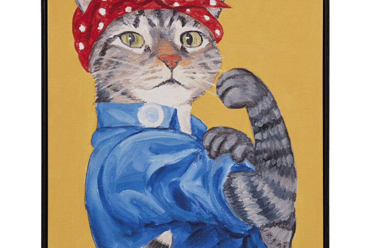 Bring a playful twist to your living space with Carol Lew's 16.5"W x 20.5"H Cat Portrait Wall Decor. This charming canvas artwork features a denim-clad cat worker donning a vibrant red and white polka dot bandanna