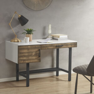 Create the perfect work space in your home office with the Madison Park Kirtley Writing Desk with Drawer. This writing desk features a high gloss white table top with a natural wood grain finish on the front panel to create a chic distressed look. The solid wood legs showcase a matte black metal finish that adds a bold contrasting touch to the design. A single drawer with a black pull bar provides ample space for your writing essentials. With its unique modern charm