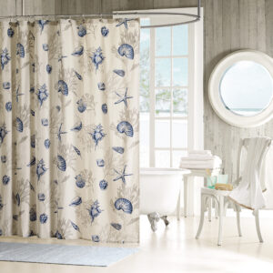 Create A Coastal Getaway Right In Your Bathroom With The Madison Park Bayside Shower Curtain. This Cotton Shower Curtain Features A Blue And Taupe Seashell Motif Printed On A Tan Base Fabric