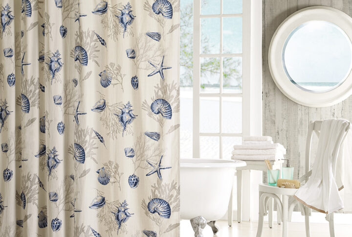 Create A Coastal Getaway Right In Your Bathroom With The Madison Park Bayside Shower Curtain. This Cotton Shower Curtain Features A Blue And Taupe Seashell Motif Printed On A Tan Base Fabric