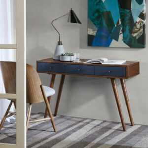 Mid-century style meets a modern flair to combine seamlessly in the Madison Park Rigby 3 Drawer Writing Desk. This writing desk features a warm pecan finished with navy drawers and bronze pull knobs for a stunning transitional look. The three drawers provide plenty of space to store your writing essentials and the solid wood legs ensure a sturdy support. A great addition in any home office or living space