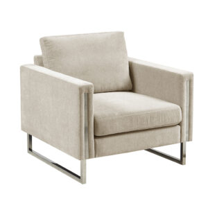 this accent chair is upholstered in a soft color hue fabric that creates a luxurious seating experience. The chrome plated frame and legs provide exceptional support